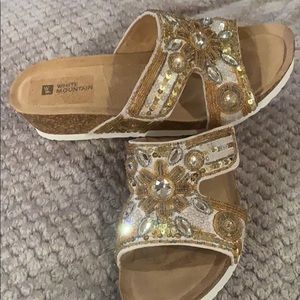 White Mountain white and gold bling sandals.